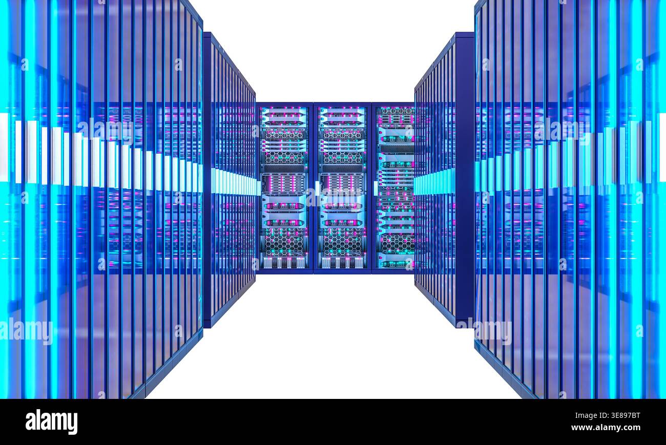 Server racks with glowing lights isolated 3d Stock Photo