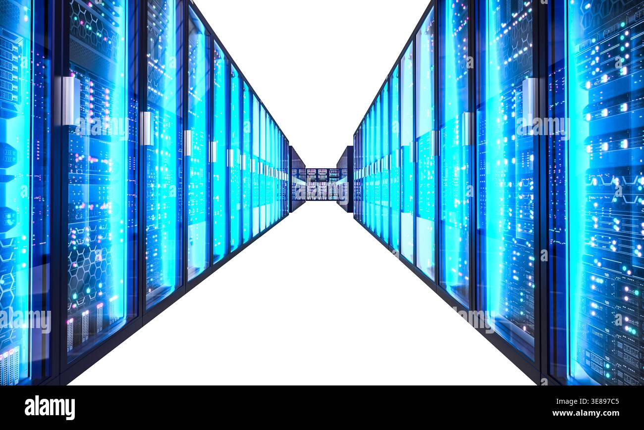 3d isolated Data center server racks glowing Stock Photo