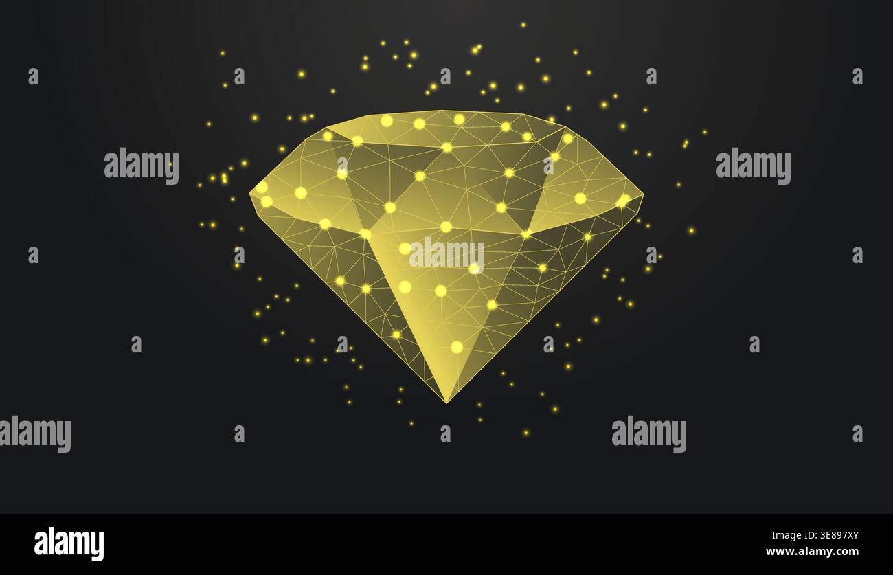 Low poly wireframe diamond gemstone on dark background. Stock Vector