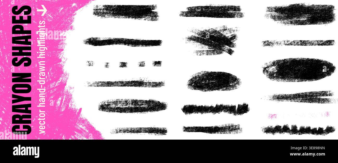 Charcoal brushstroke highlight and underline shapes in black. Crayon kid line strokes with rough brush pencil marks. Hand drawn vector charcoal set wi Stock Vector