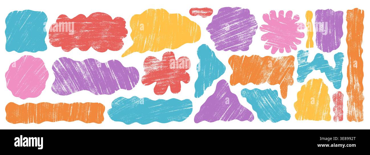Pastel textured wavy geometric shape set. Text boxes crayon kids frames pack. Oval, circle, speech bubble square figures. Vector hand drawn quote tria Stock Vector