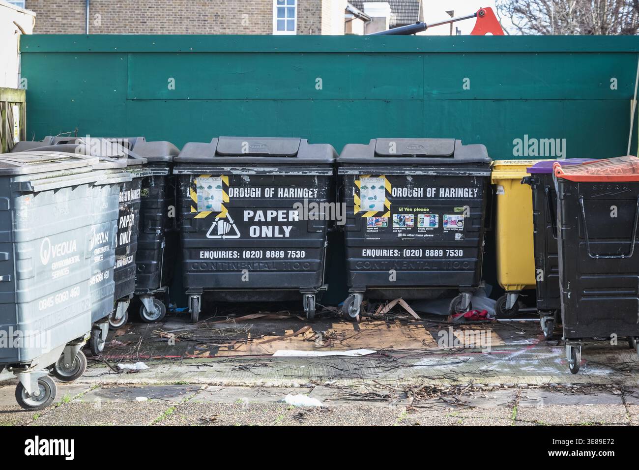 London, UK - 28 January, 2026 - Large wheelie bins on the street of Crouch End Stock Photo