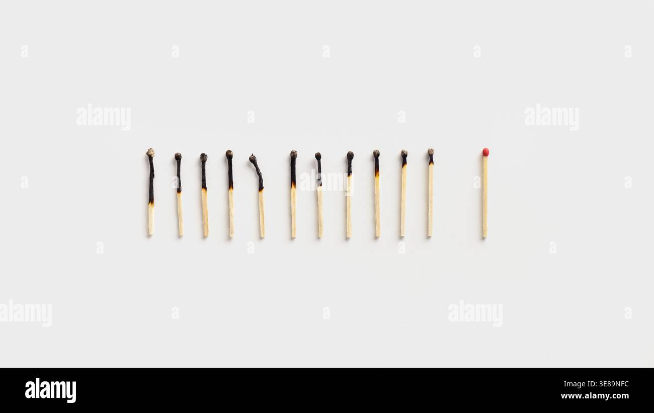 Different Stages of Burnt Matches Arranged in a Collage Showing Their Progression Over Time Stock Photo
