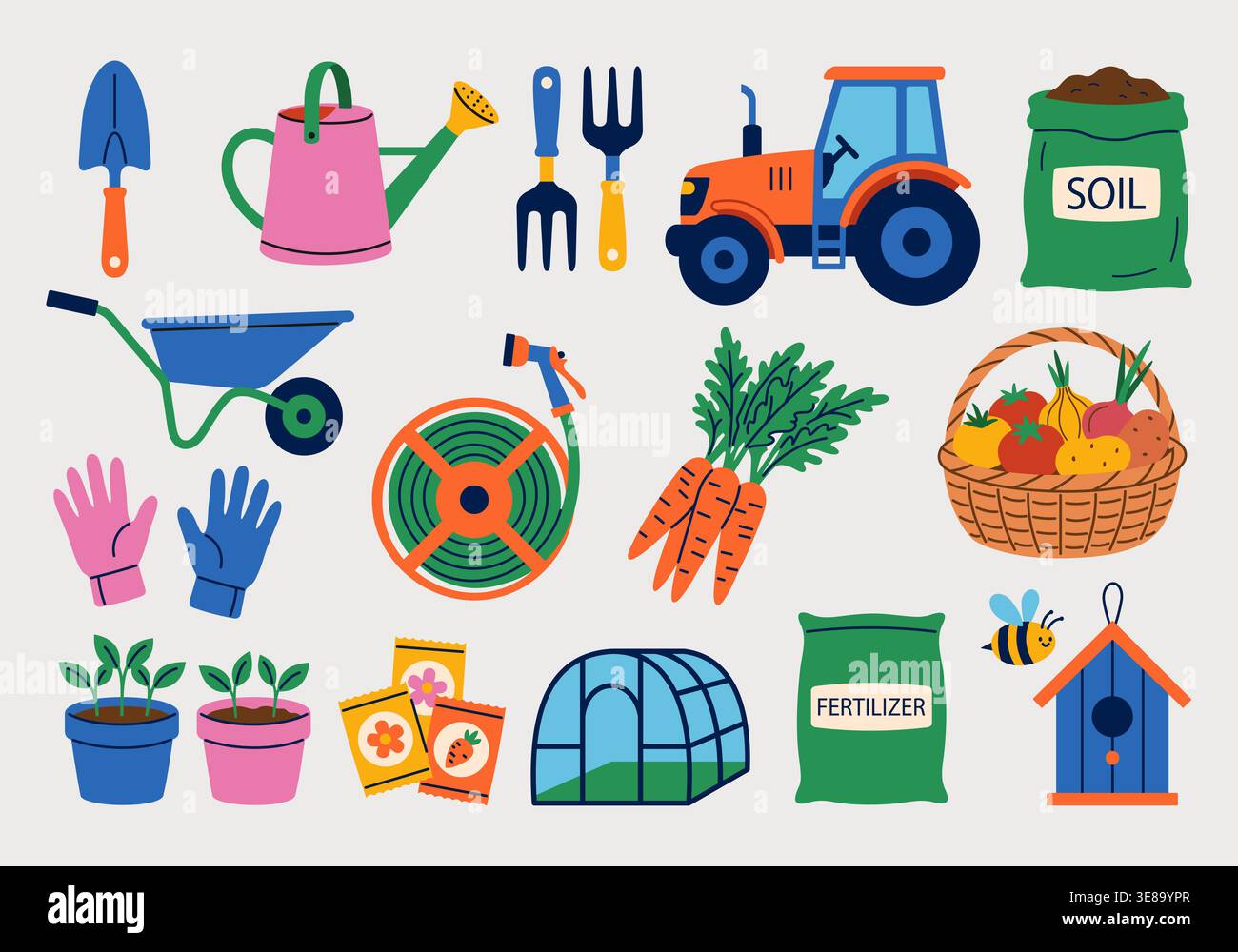Gardening tools and agriculture elements icon set. Flat vector ...