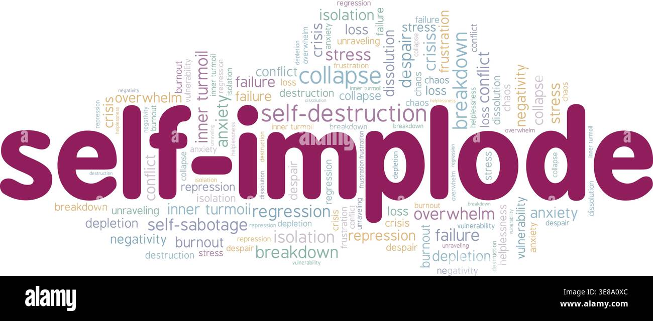 Self-implode word cloud conceptual design isolated on white background. Stock Vector
