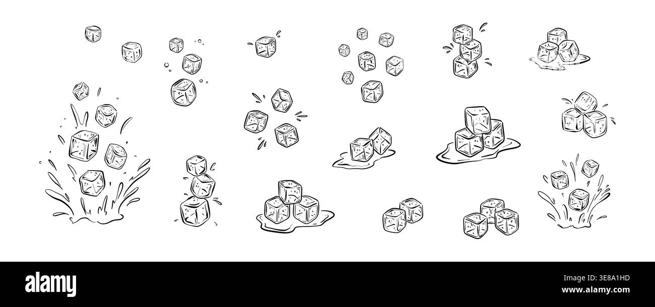 Doodle ice cube line icons set. Hand drawn outline vector illustration ...