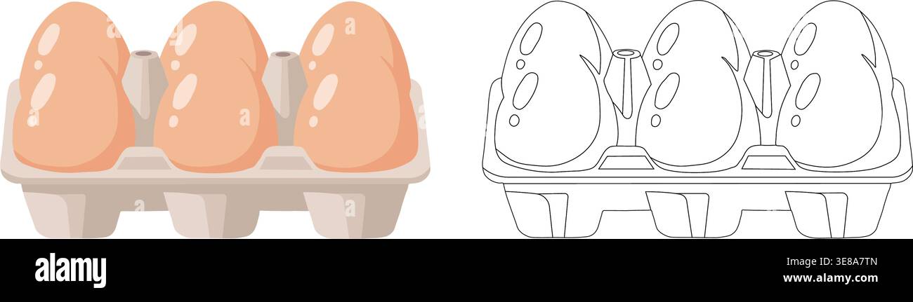 Egg carton illustration set with colored and outline versions showing eggs in tray isolated on light background for food and packaging concept Stock Vector