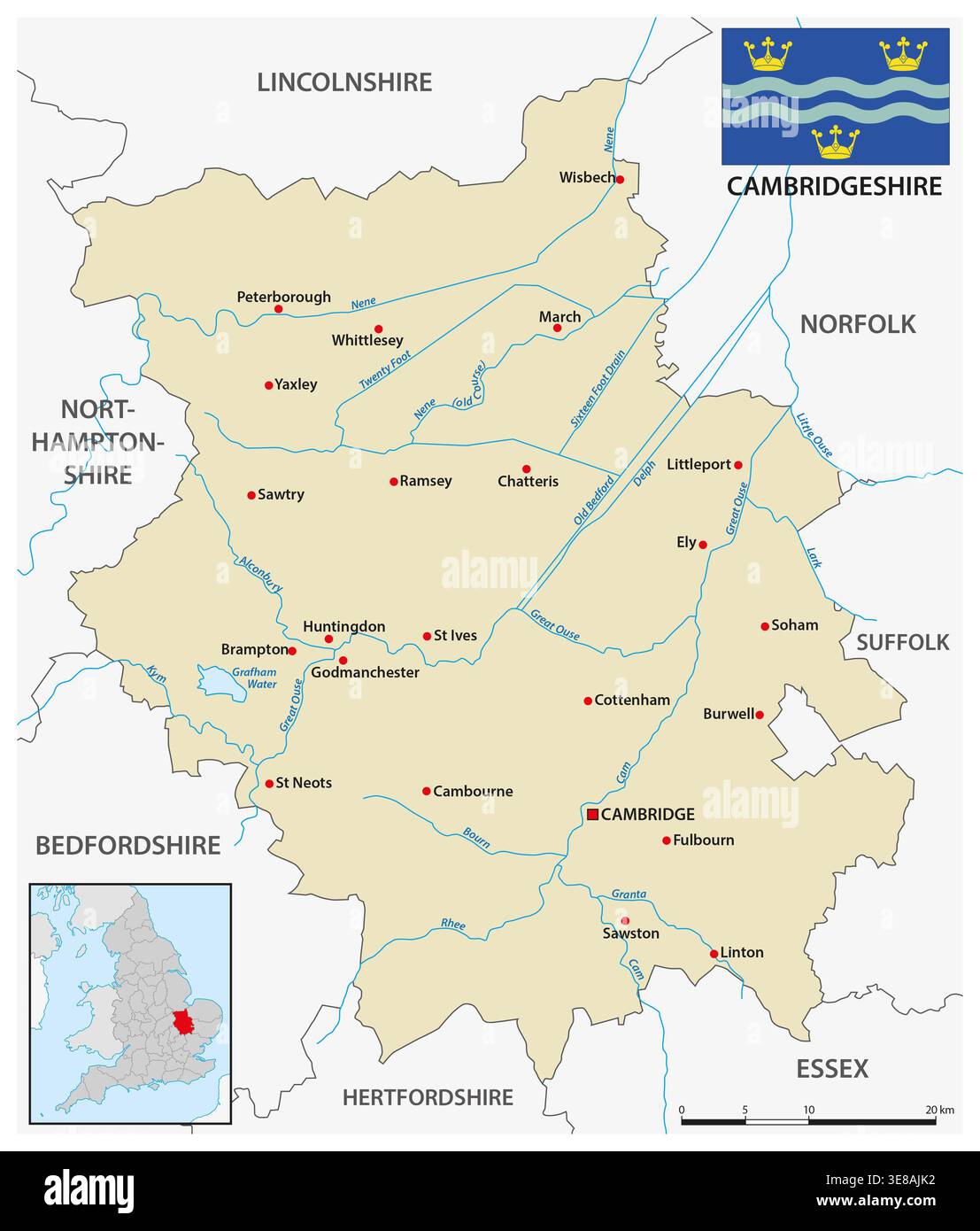 Map of the ceremonial county Cambridgeshire, England, UK Stock Photo
