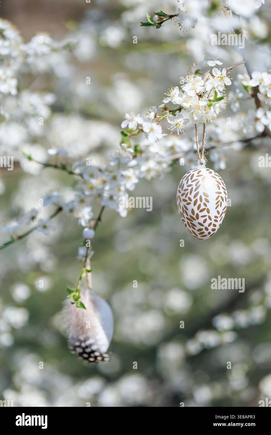 Easter eggs hanging on blooming spring tree Stock Photo