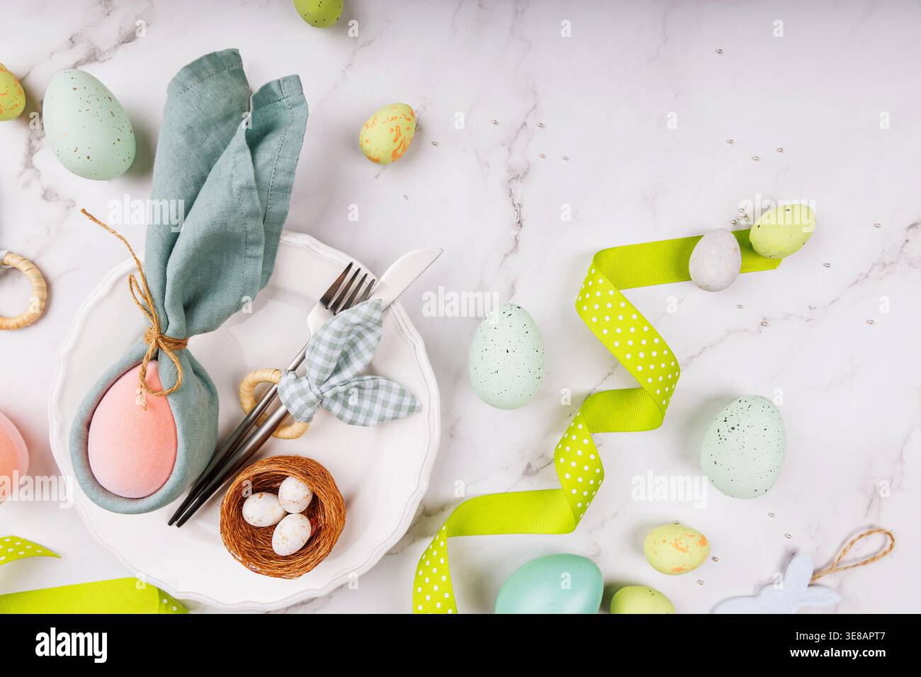 Pastel Easter Flat Lay with Ribbon and Tableware Stock Photo