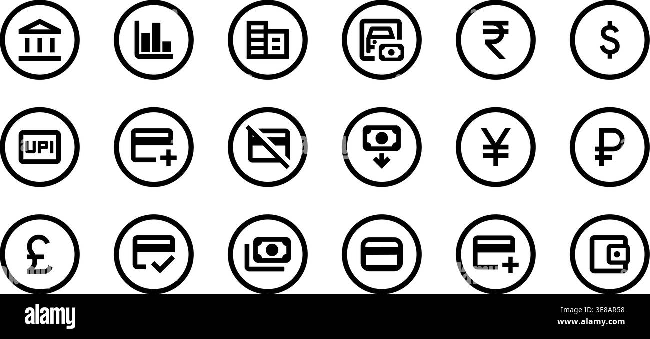 Financial banking and currency icon set, digital payment symbols Stock ...