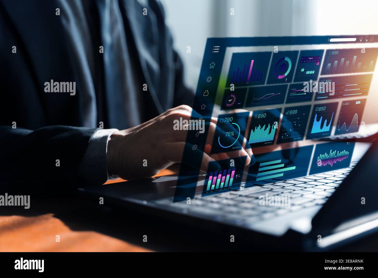 Close-up of a professional using a laptop with a transparent analytics dashboard, visualizing AI-driven reporting, business intelligence, data insight Stock Photo