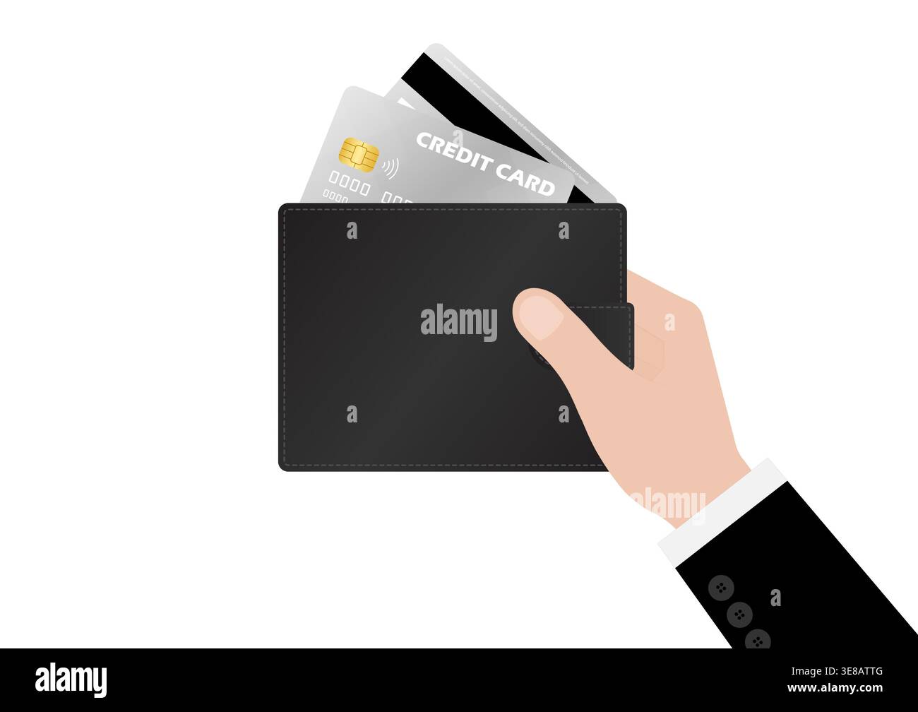 Hand Holding Money Wallet with Credit Card. Saving Money Concept. Vector Illustration. Stock Vector