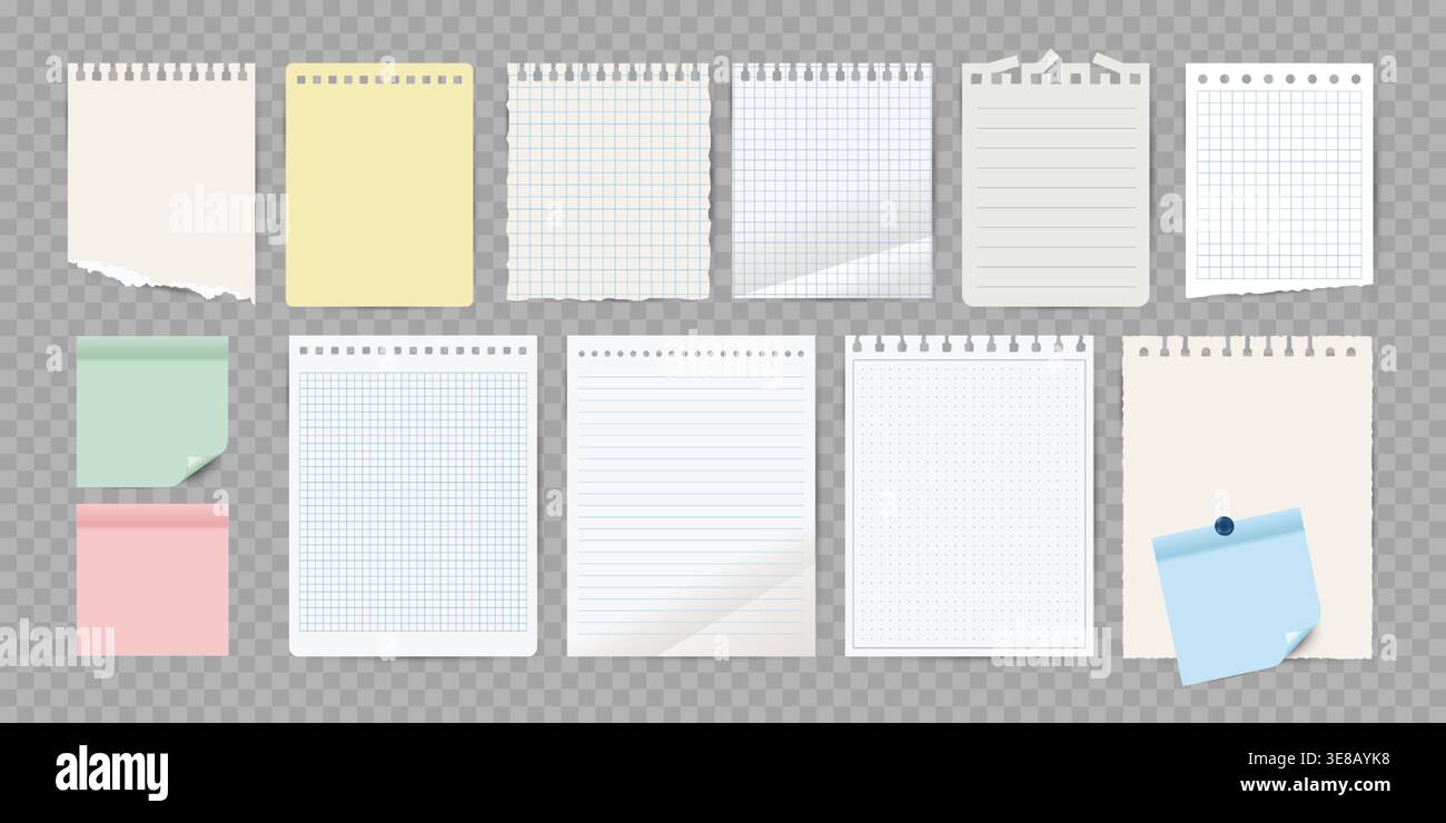 Notebook Paper Page Set. Sticky Notes and torn pages. Vector illustration Stock Vector