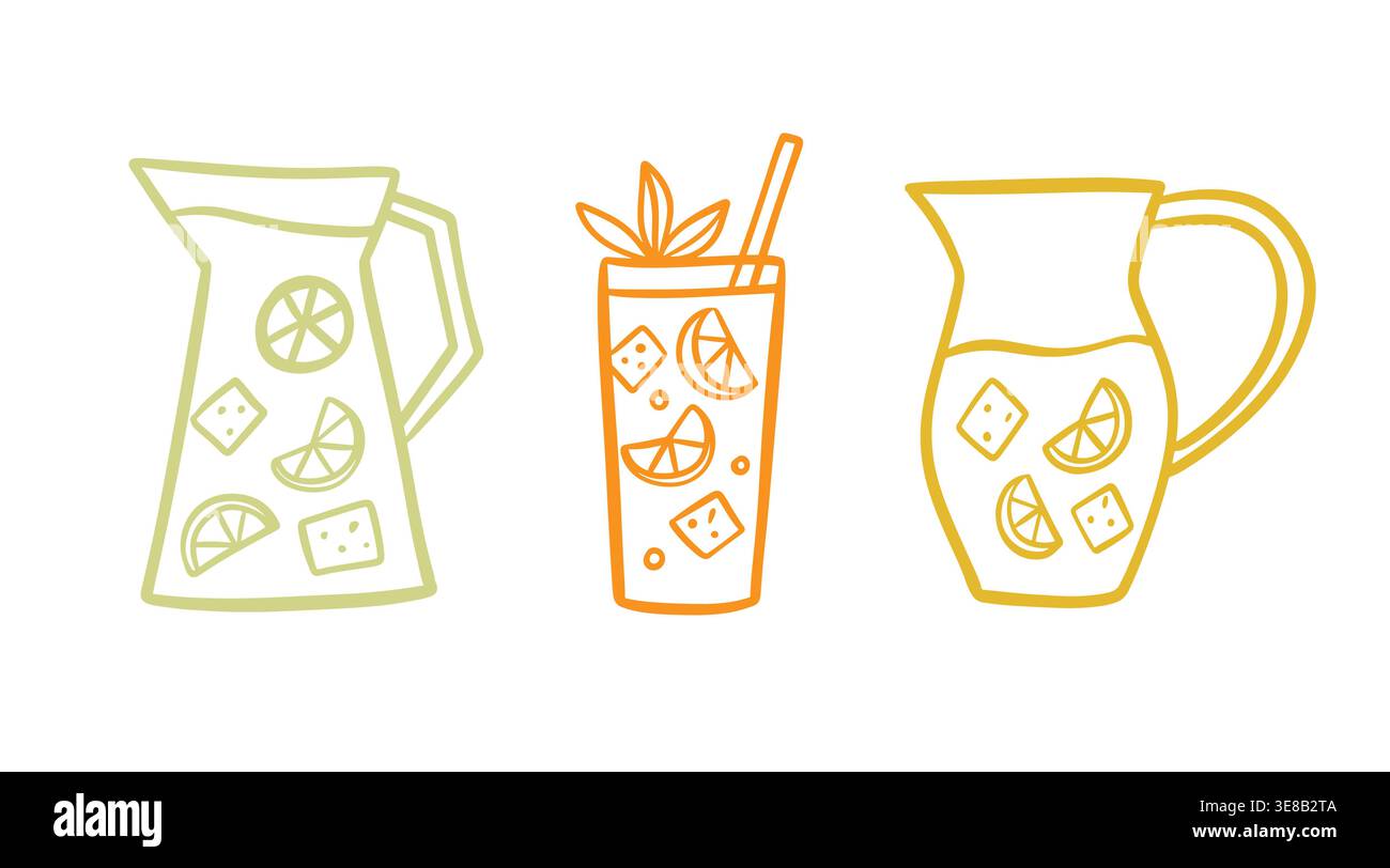 Lemonade pitcher and glass set doodle illustration Stock Vector