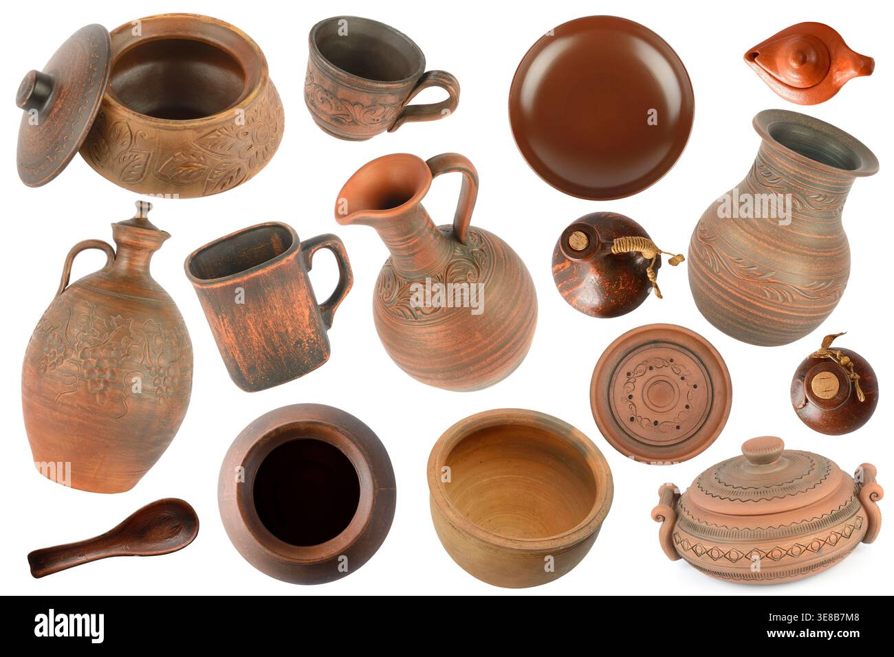 Various clay dishes from different angles isolated on white background. Stock Photo