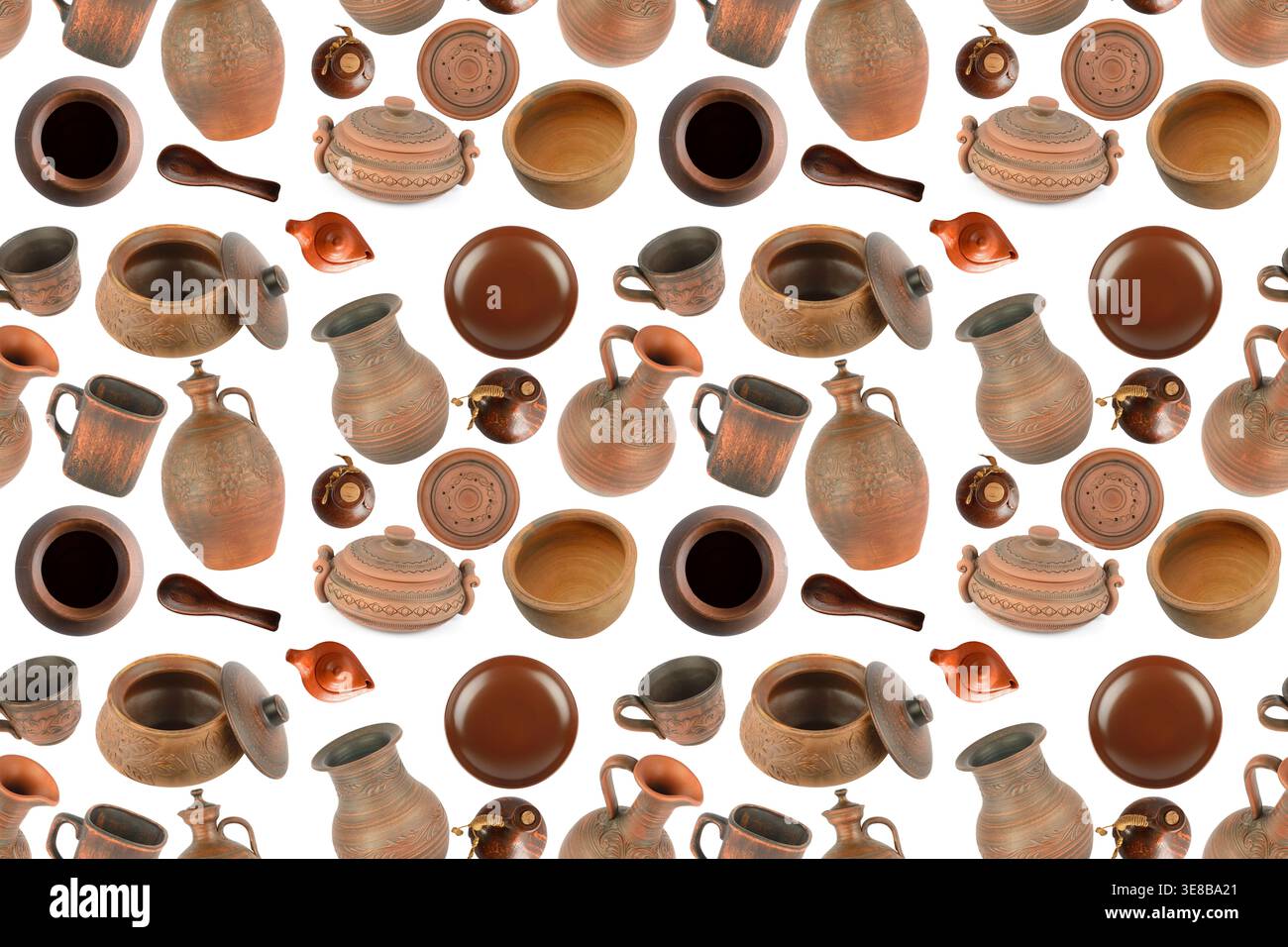 Various clay dishes from different angles isolated on white background. Seamless pattern. Stock Photo