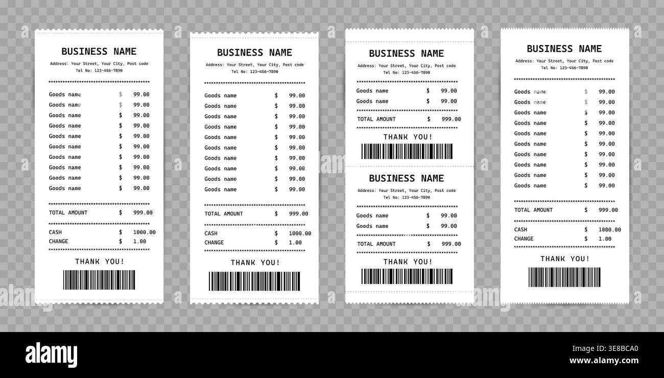 Paper Receipt Template with Barcode. Vector Mockup. Stock Vector