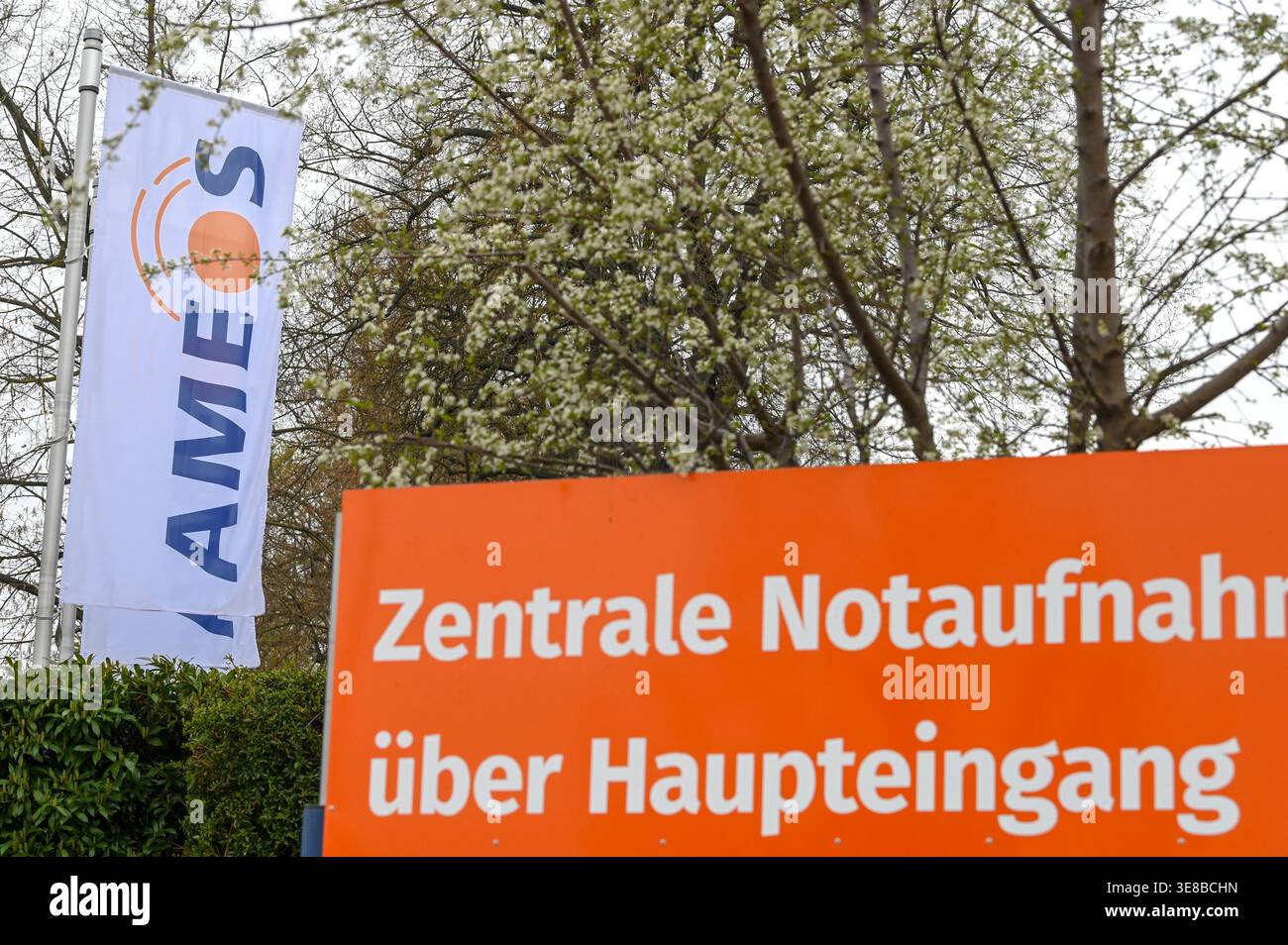 13 April 2026, Saxony-Anhalt, Aschersleben: A flag with the Ameos logo ...