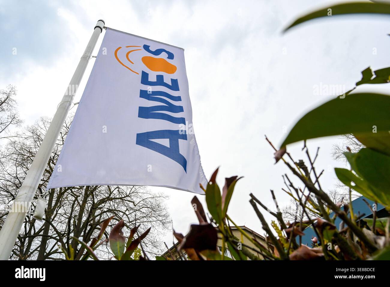 13 April 2026, Saxony-Anhalt, Aschersleben: A flag with the Ameos logo ...