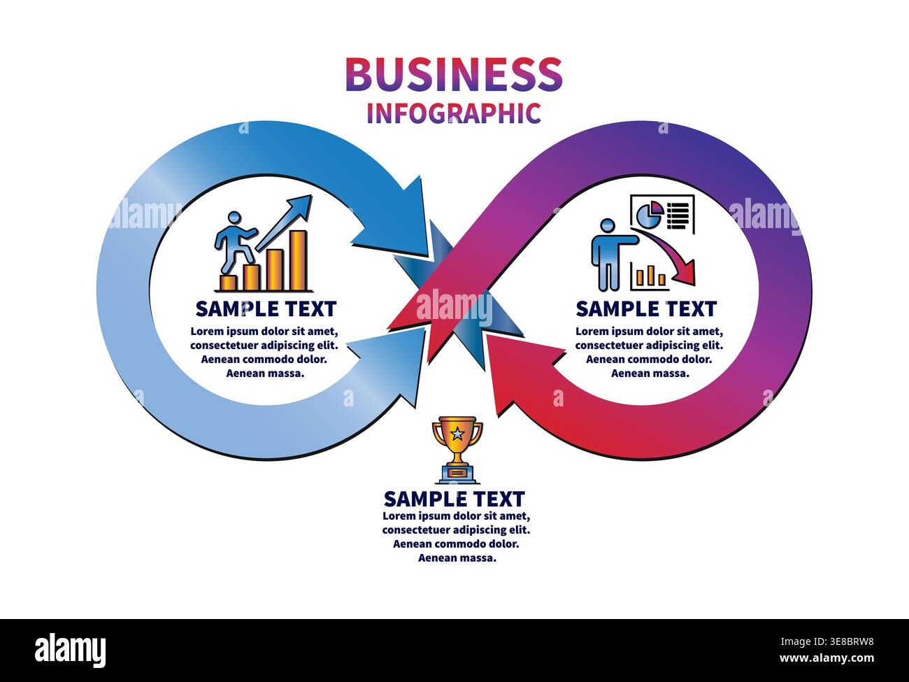 Infinity loop business process infographic with three steps and icons Stock Vector
