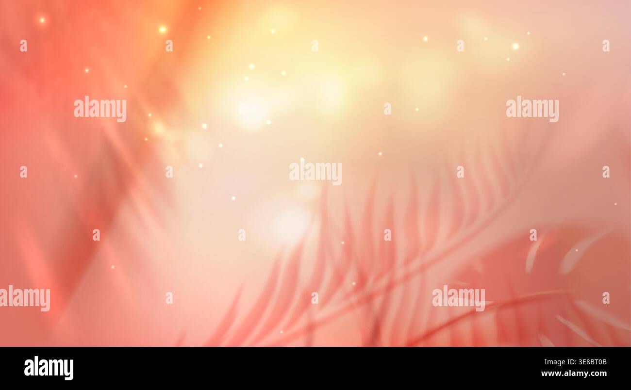Tropical summer background with blurred palm leaves and sunset gradient. Soft red yellow backdrop with delicate shadow overlay, shimmering bokeh effects and monstera silhouettes. serene beach texture Stock Vector