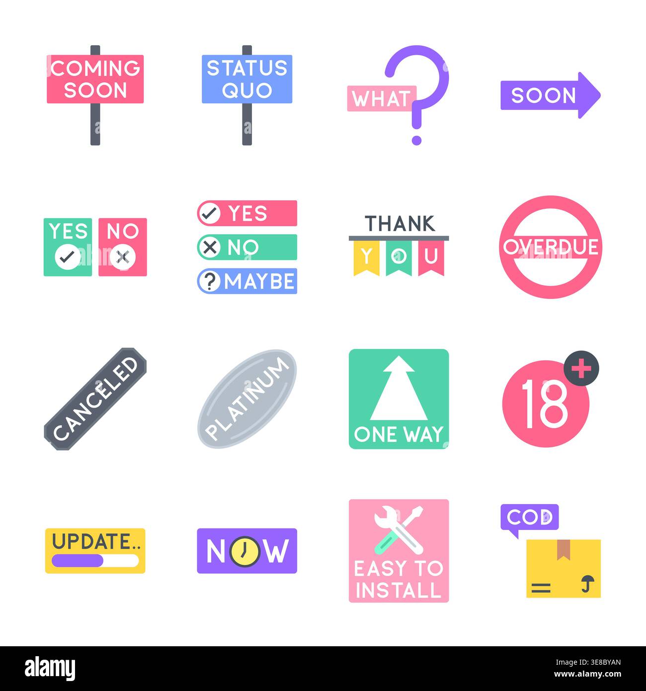 Colorful Notification and System Status Icon Set with Bold Text Tags ...
