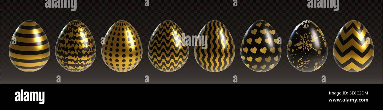 Golden Easter eggs set isolated on transparent. Vector realistic illustration of gold holiday shape with creative black stripe, dot, heart, splash pattern on eggshell, greeting card design elements Stock Vector