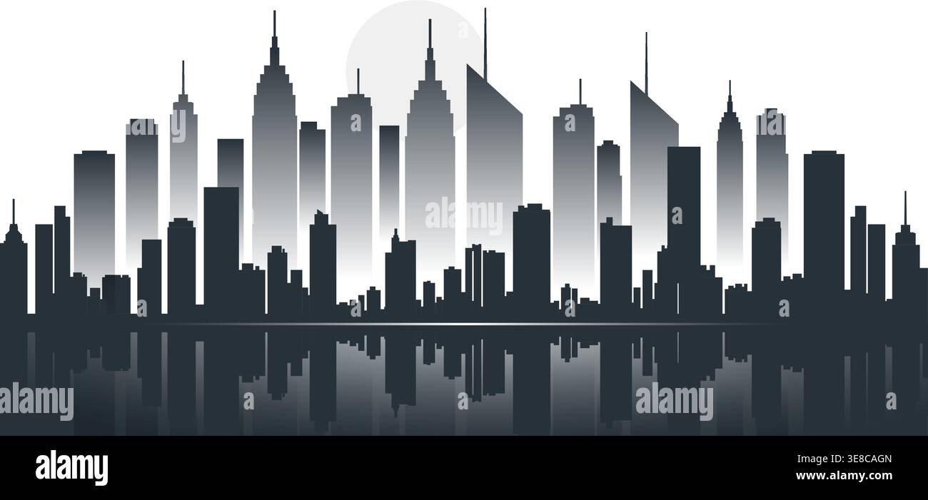 Modern city skyline silhouette gradient buildings reflection effect ...