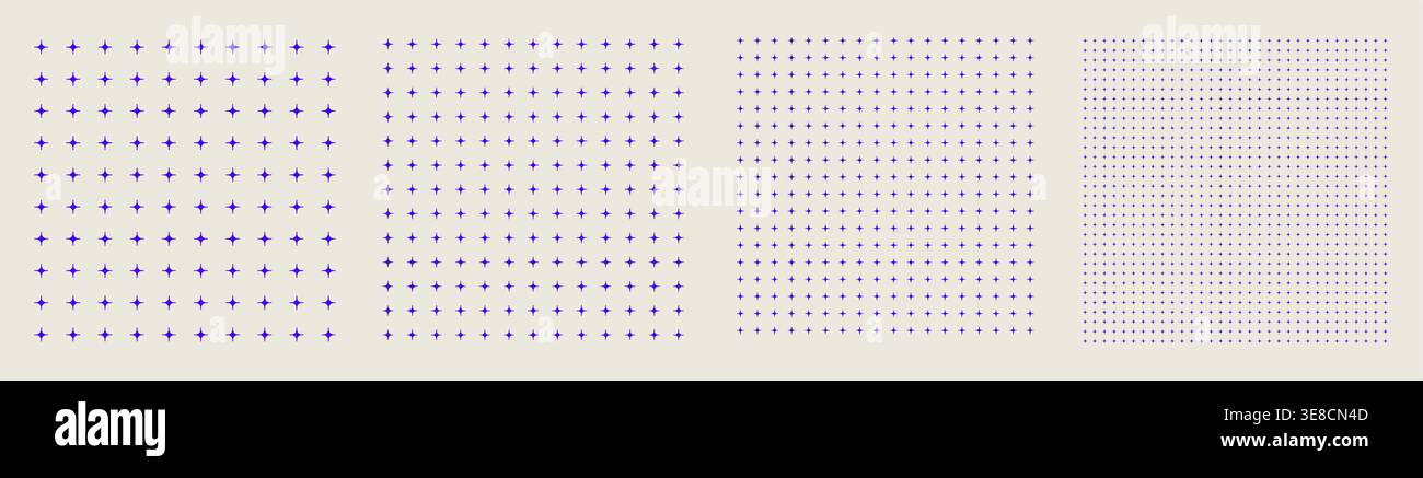 Square grid collection star geometry, four samples blueprint style. Node point lattice structure, interface layouts editorial compositions planning sheets dashboards digital technology graphics. Stock Vector