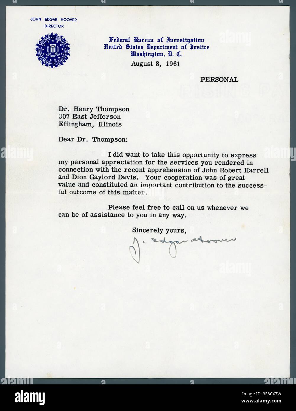 August 8, 1961 letter from FBI Director J. Edgar Hoover to Dr. Henry ...