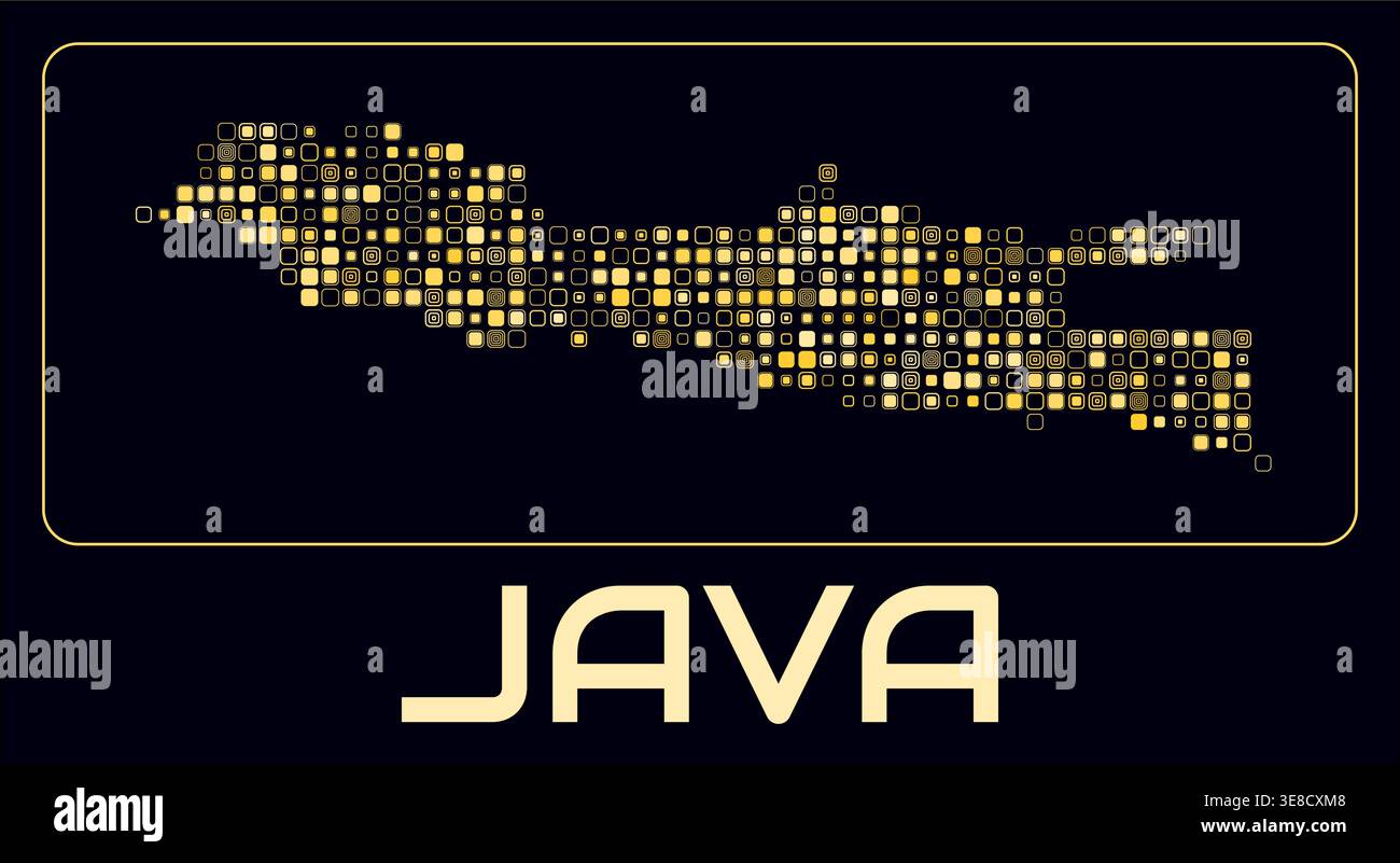 Java digital style map. Small rounded square dots on dark background. Dotted shape of the island. Java map and title. Classy vector illustration. Stock Vector