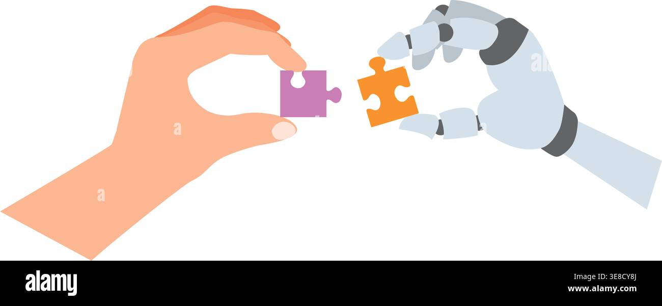 Human and robotic hands connect puzzle pieces. Concept of human-machine ...