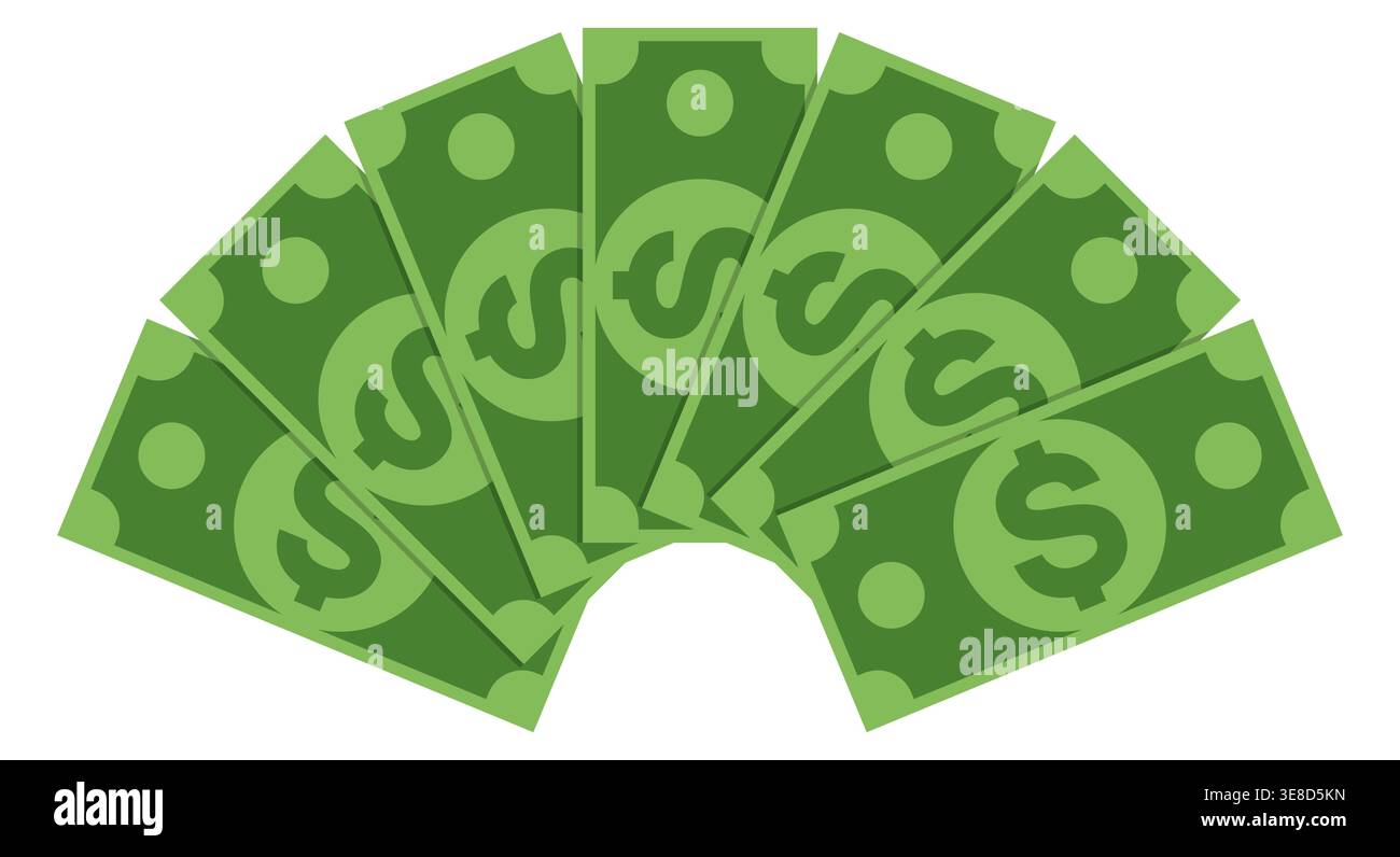 Vector illustration, a fan of green dollar bills with prominent dollar ...
