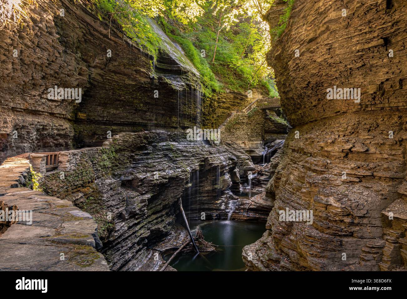 Stone walkway and small waterfalls inside narrow gorge at Watkins Glen State Park in New York with layered rock cliffs and filtered sunlight Stock Photo