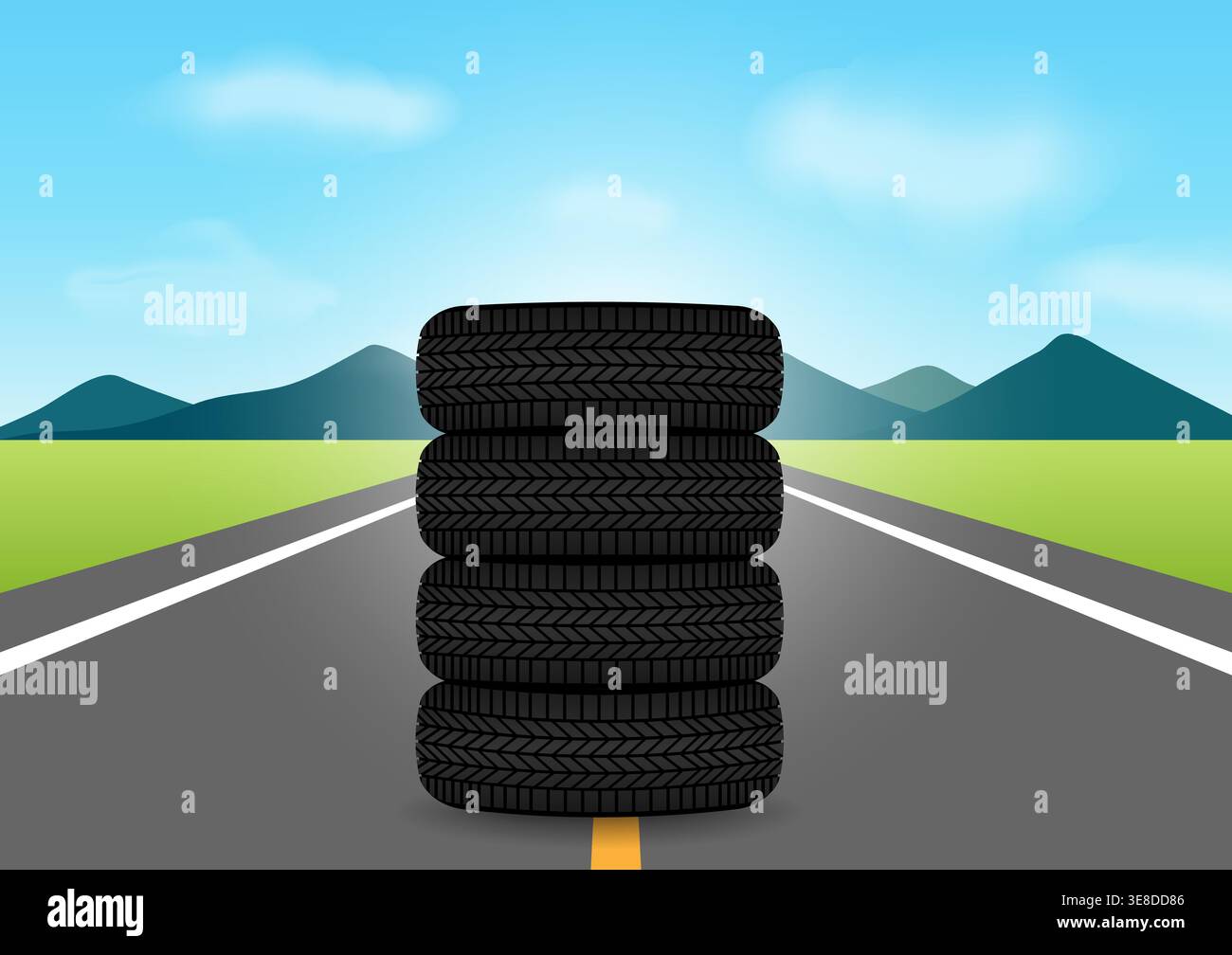 Car Wheel or Car Tire on the Road. Vector Illustration. Stock Vector