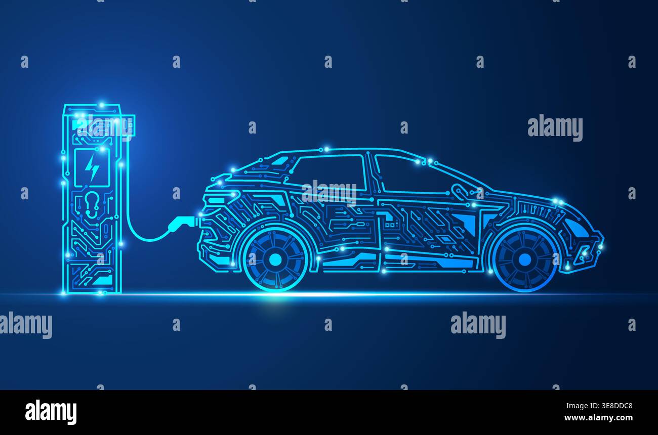 graphic of EV charger station and electric vehicle combined with electronic pattern Stock Vector