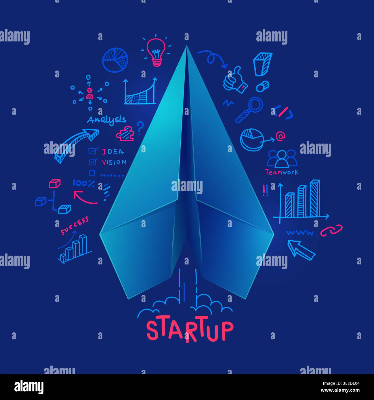 concept of start up project or business strategy, graphic of paper plane with business mind map Stock Vector