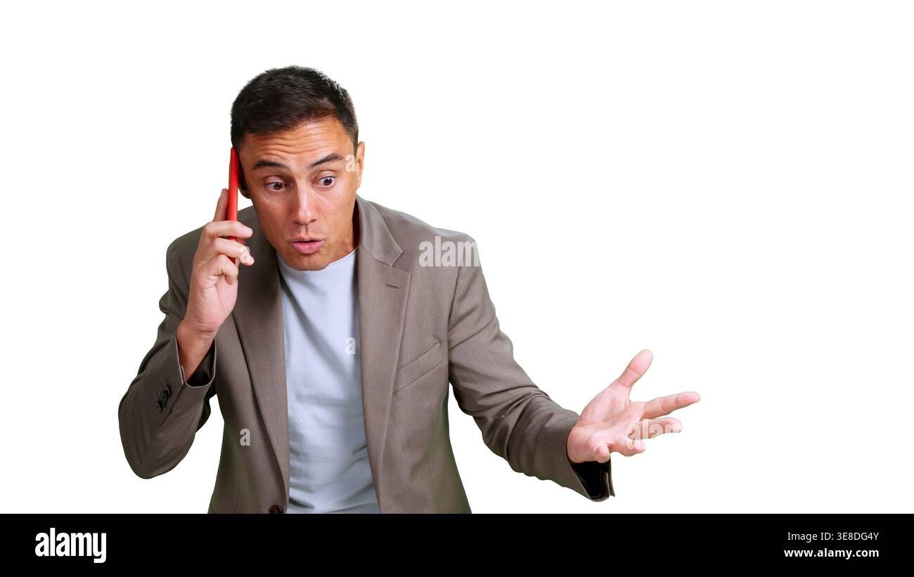 Surprised man talking on phone with expressive gesture Stock Photo