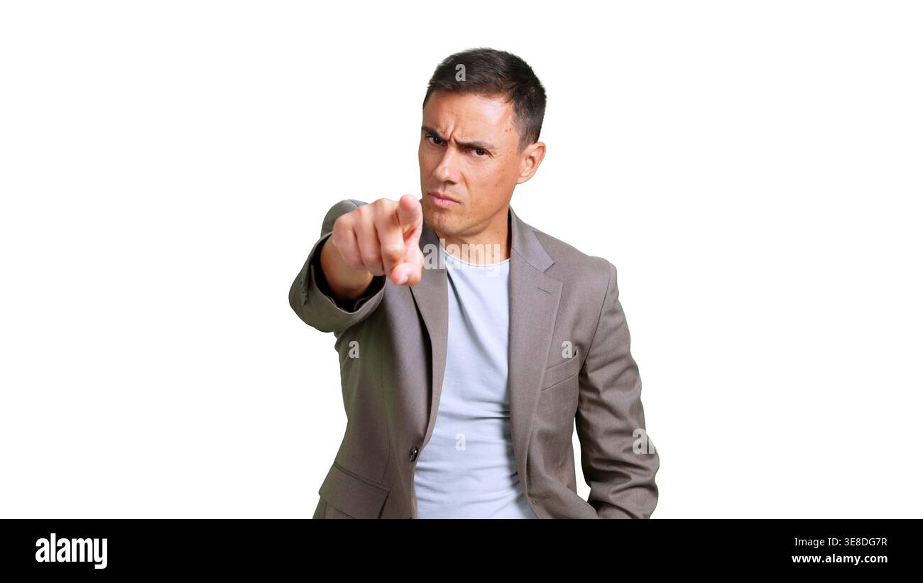 Man pointing finger blaming accusation on transparent background Stock Photo