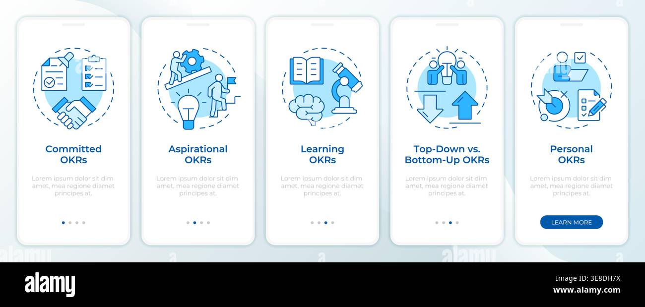 Various okr categories blue onboarding mobile app screen Stock Vector
