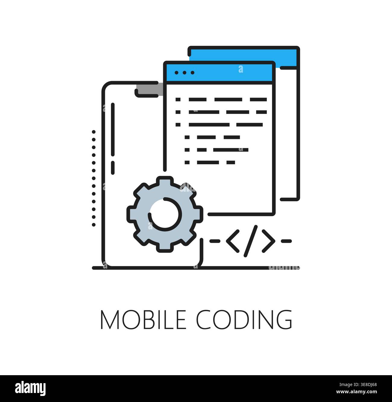 Mobile coding icon with smartphone screen, application window and gear setting symbol. Vector software program code, programming, computer system operate and app development outline technology sign Stock Vector