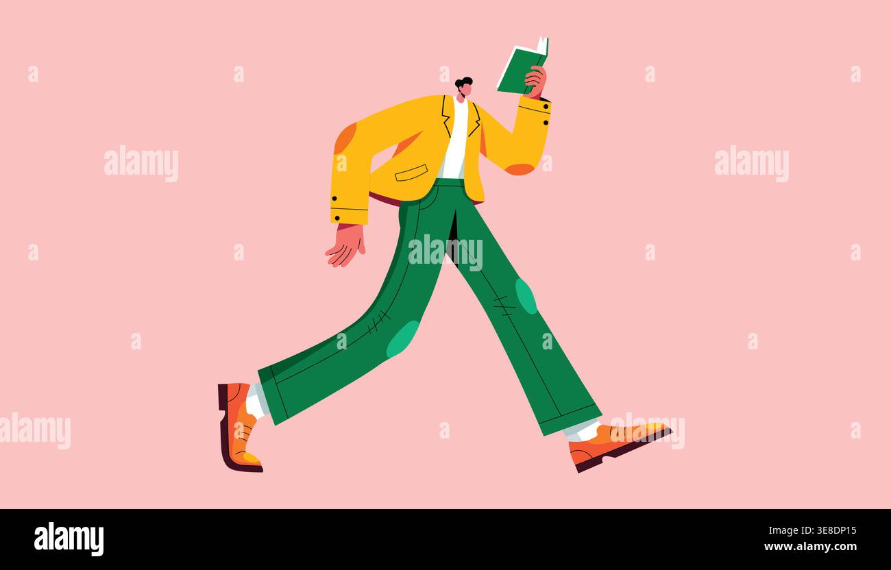 Young man walking while reading book representing learning knowledge focus and personal development concept Stock Vector