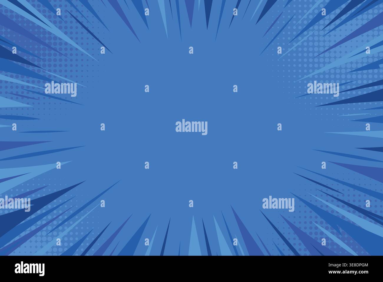 Blue comic speed line background. Dynamic pop art explosion with radial rays and thunder lightning. Blue comic halftone backdrop Stock Vector