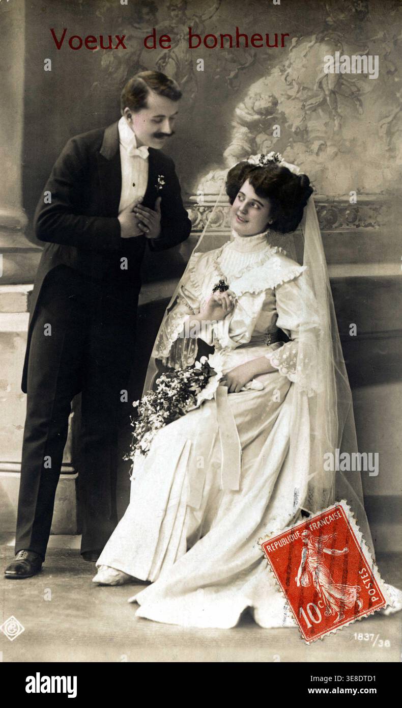 Newlyweds. Wedding greeting postcard. 1920s. Stock Photo