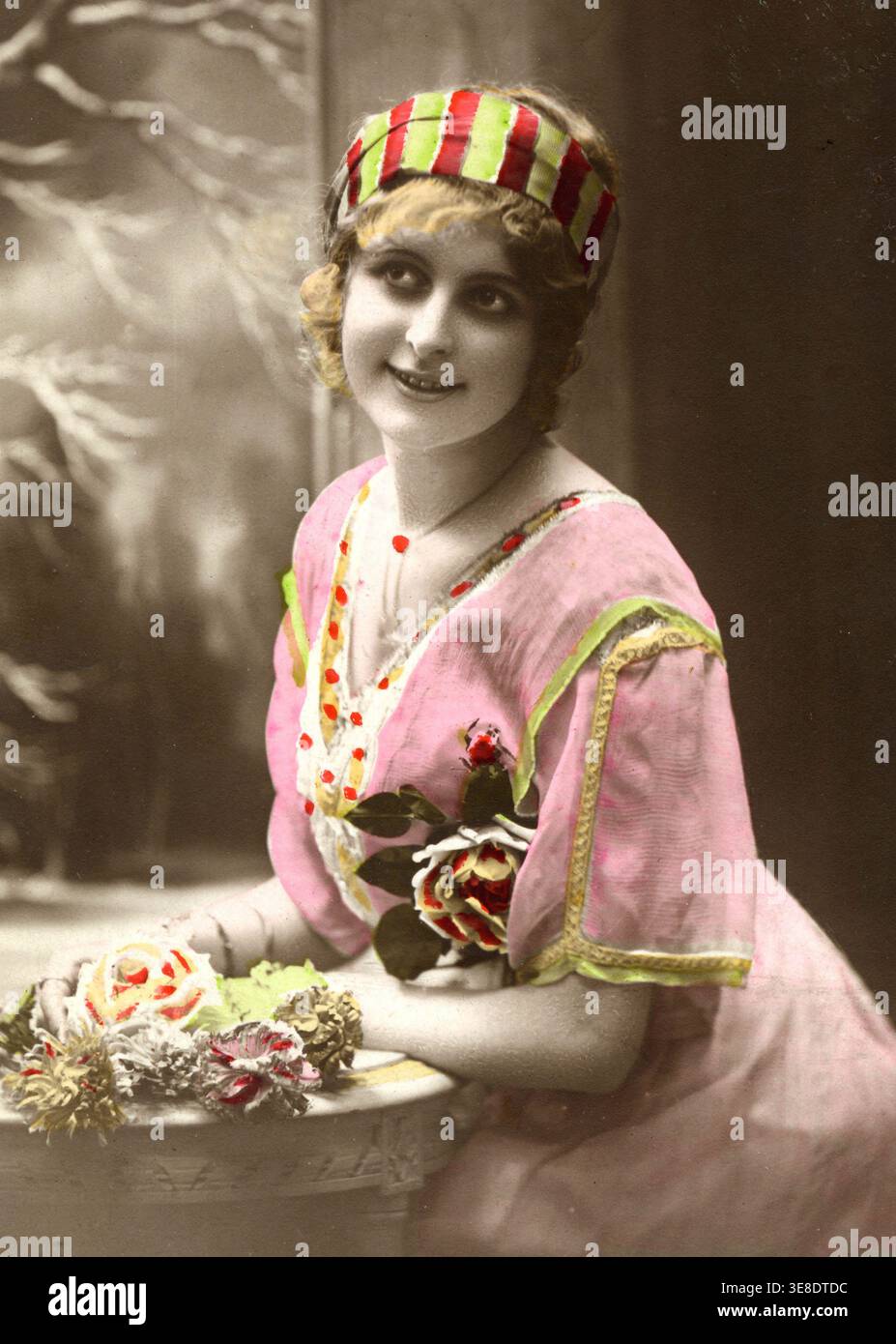 Portrait of a young and beautiful woman. Postcard, circa 1900. Stock Photo