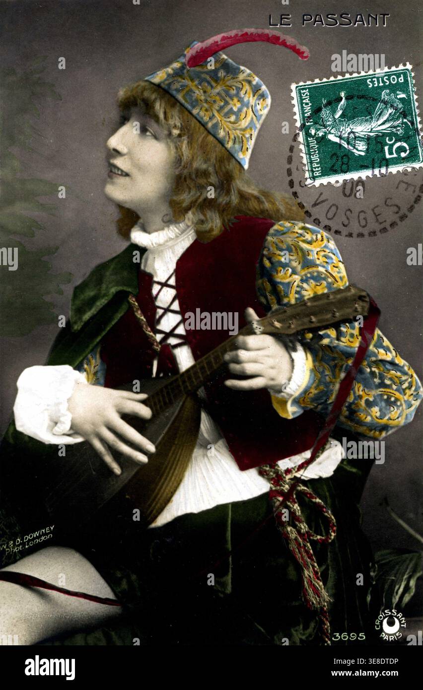 "Portrait of Henriette Rosine Bernard, known as Sarah Bernhardt (1844-1923), in the role of the troubadour Zanetto, playing the lute in the play ""Le Stock Photo