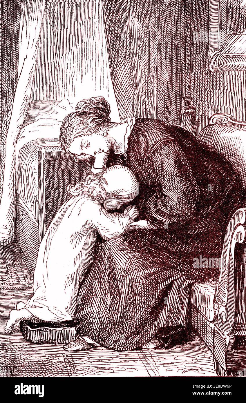 Praying with Mom. Drawing by Lorenz Frolich (1820-1908). Engraving, 1867 Stock Photo