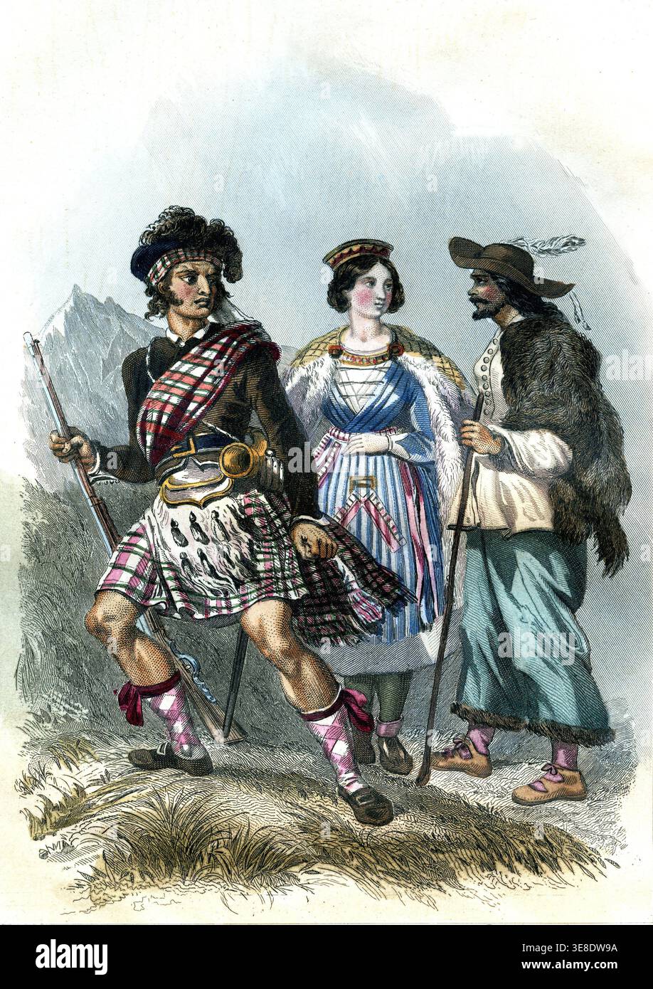 European types: Scottish and Hungarian couple. Engraving, 1862 Stock Photo