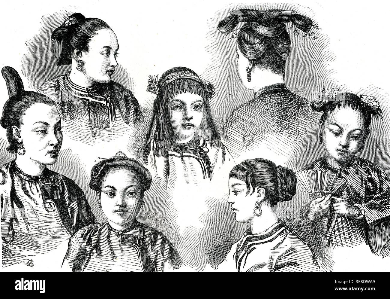 Chinese women's hairstyles. Engraving, 1868 Stock Photo